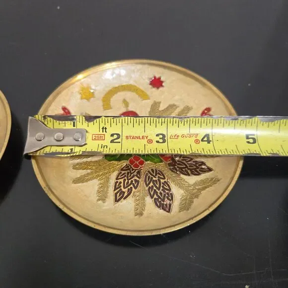 Set of 2 Brass Painted Enamel Christmas Trinket Candle Dish Pinecones India 4.5" - Picture 5 of 5